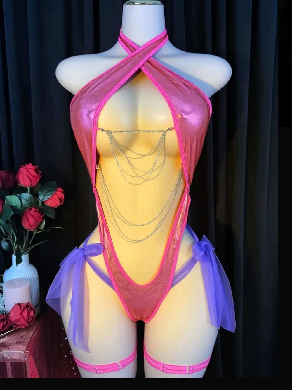 Pink Metallic Chain Halter Teddy with Purple Sheer Ties